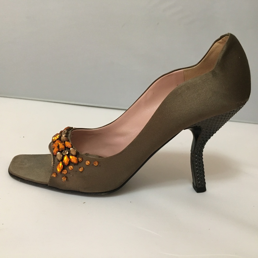 Prada Brown Scallop Satin Earth-Tone Stone Heels - Picture 3 of 8